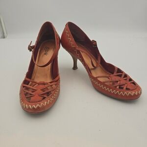 Diba Women's 7.5 Orange Leather Mary Jane Heels‎ Lattice Cutout Stitching Detail